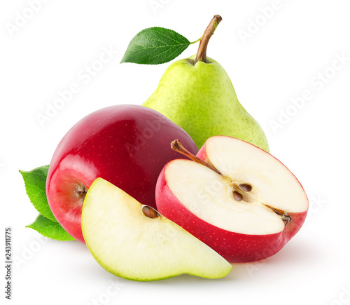 Isolated group of fruits.  Whole yellow pear with slice and red apple with half isolated on white background with clipping path photo