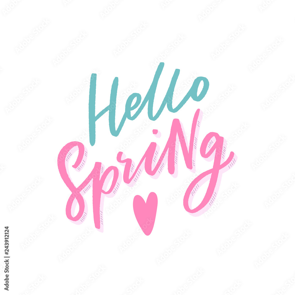 Hand drawn lettering hello spring with heart for print, decor, banner, card. Spring typography.