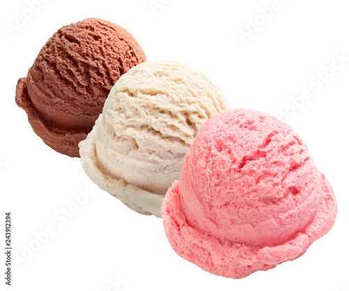 Strawberry, chocolate and vanilla ice cream scoops isolated on white background