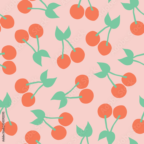 Cherries pattern. Vector seamless background with illustrated cherry fruits isolated on pink. Food illustration. For card, menu cover, web pages, page fill, packaging, farmers market, summer fabric