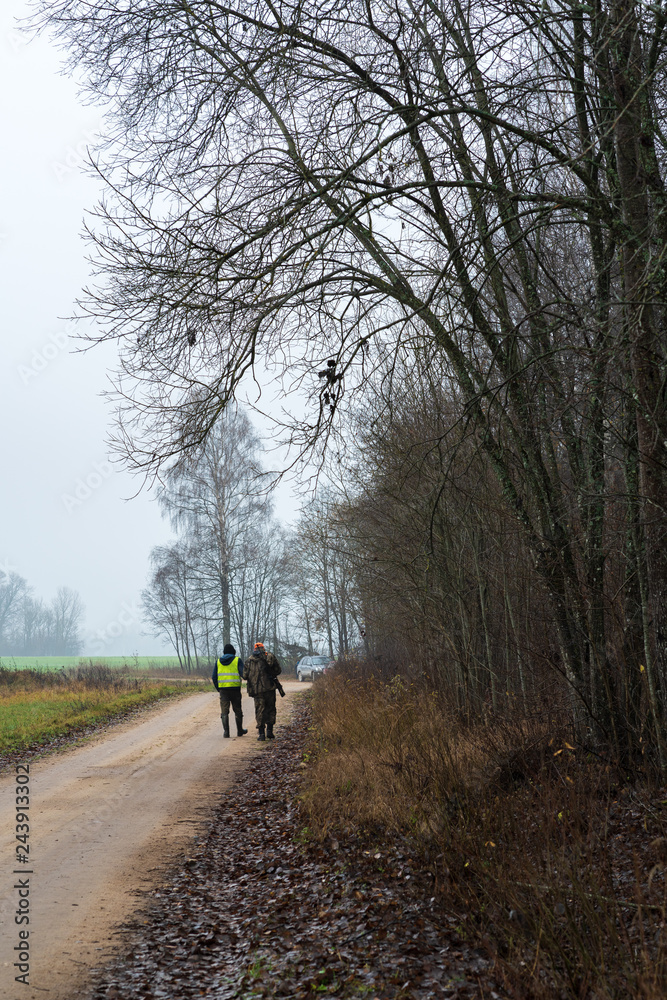 cloudy, foggy autumn day during hunting; rural road at the edge of the forest with two hunters who go away cloudy, foggy autumn day during hunting; rural road at the edge of the forest with two hunters who go away