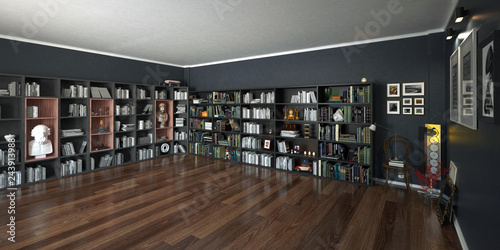 Stanza con grande libreria piena di libri e oggetti, con gatto, rendering 3d, illustrazione 3d photo