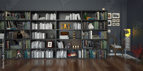 Stanza con grande libreria piena di libri e oggetti, con gatto, rendering 3d, illustrazione 3d