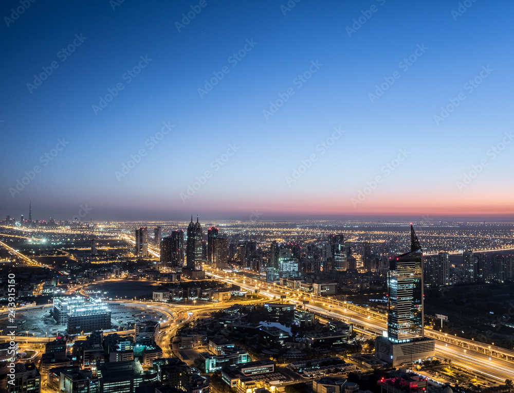 Dubai Panoramic View From Top at sunrise
