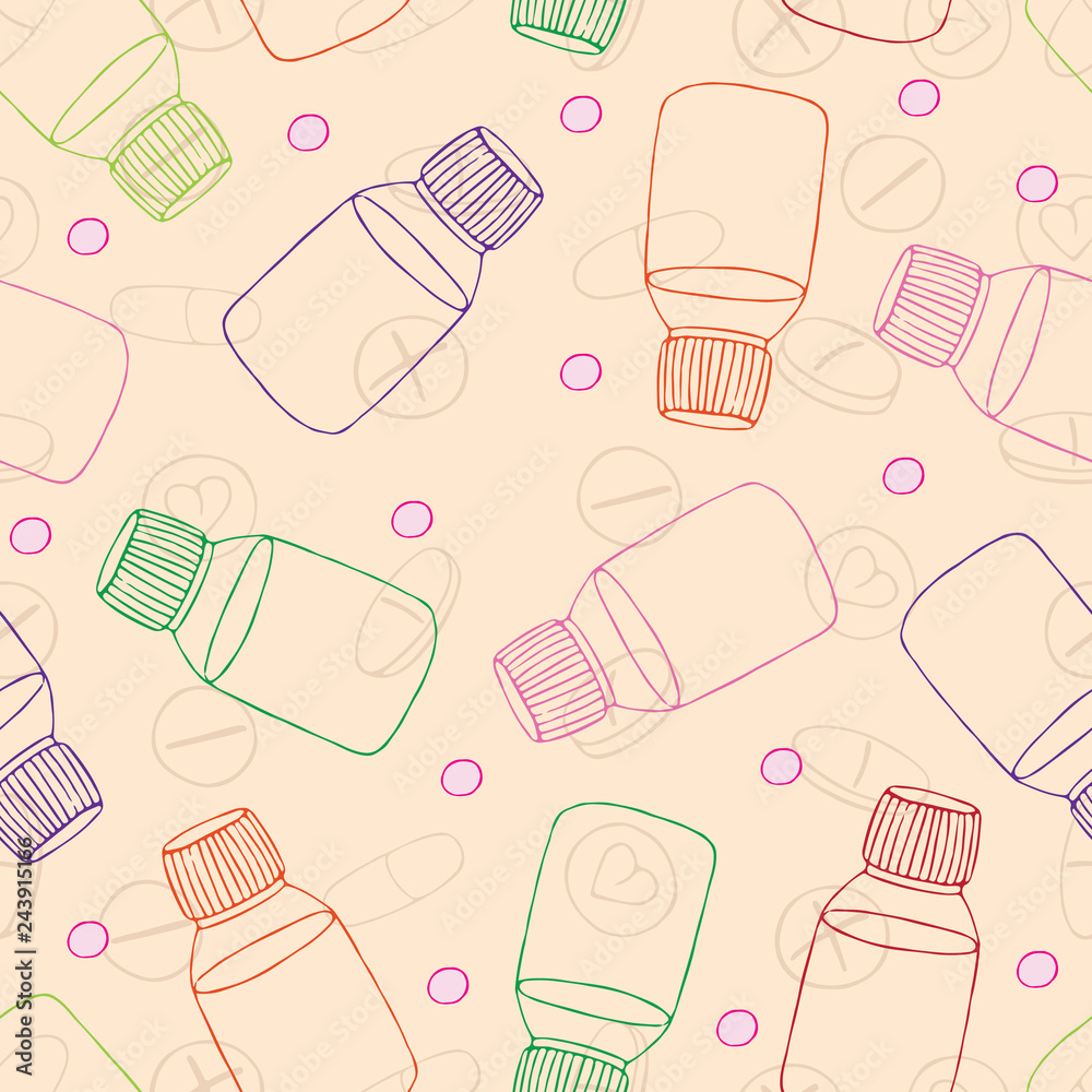 Vector hand drawn medical pattern with bottles and different drugs Vector hand drawn medical pattern with bottles and different drugs