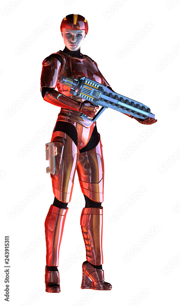 futuristic warrior girl, red metallic suit, armed with heavy weapon, 3d illustration futuristic warrior girl, red metallic suit, armed with heavy weapon, 3d illustration
