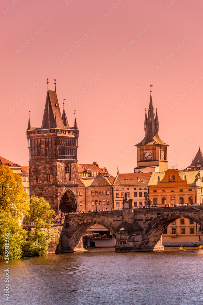 Gorgeous sunset over the old town Charles Bridge Tower Gateway in Prague, Czech Republic, summer time