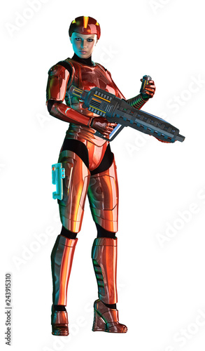 futuristic warrior girl, red metallic suit, armed with heavy weapon, 3d illustration