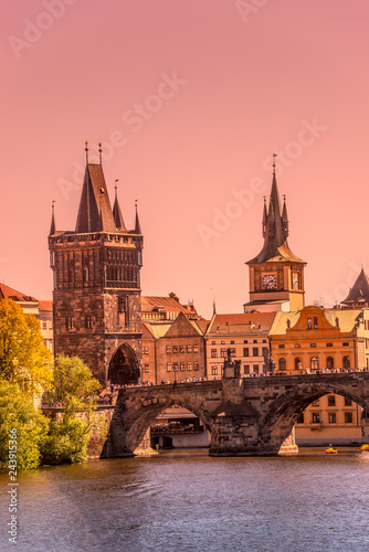 Gorgeous sunset over the old town Charles Bridge Tower Gateway in Prague  Czech Republic  summer time