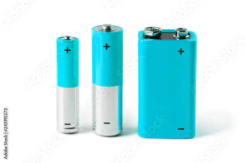 Foto Blue AAA, AA and PP3 batteries, isolated on white background