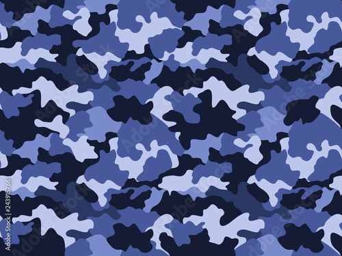 Camouflage pattern background in blue colors, seamless. Military fashion abstract geometric texture.