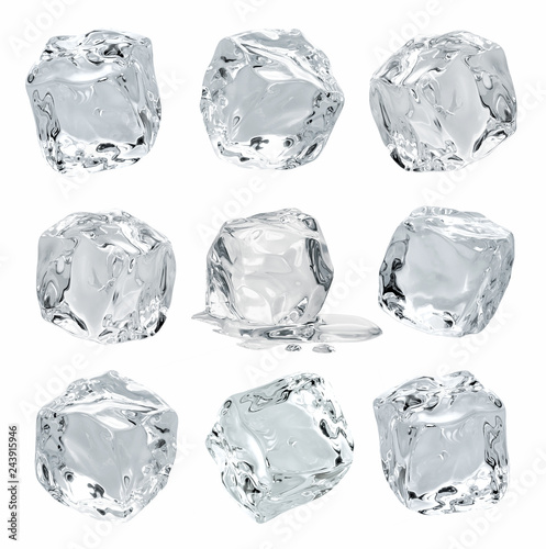 Clear ice cubes isolated on white background