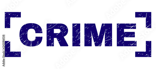 CRIME text seal print with distress effect. Text label is placed between corners. Blue vector rubber print of CRIME with unclean texture.
