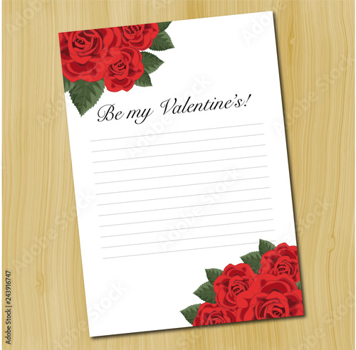 A blank love letter template decorated with red roses lying down on a wooden background