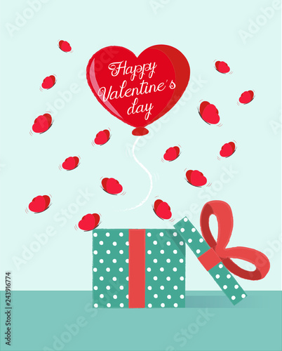 A balloon and some butterflies with the shape of a heart going out of a gift box