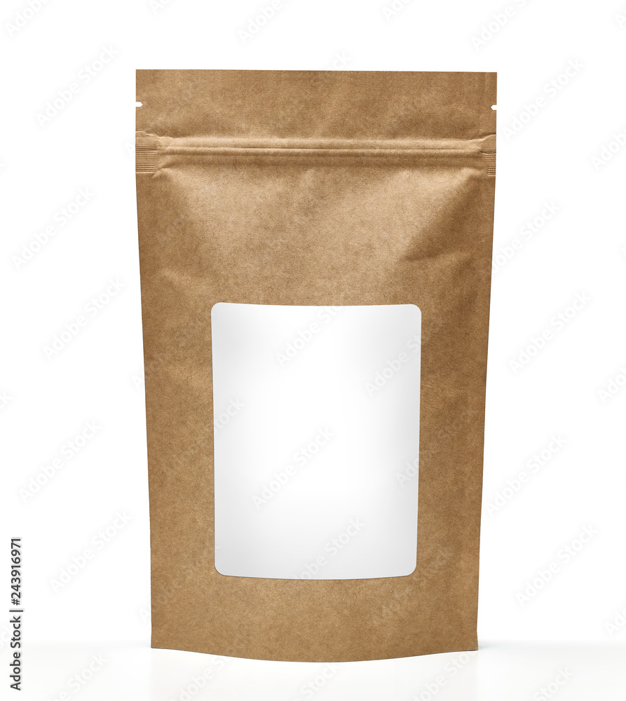 Blank brown kraft paper bag with white label isolated on white background including clipping path Blank brown kraft paper bag with white label isolated on white background including clipping path