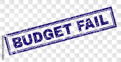 BUDGET FAIL stamp seal print with rubber print style and double framed rectangle shape. Stamp is placed on a transparent background. Blue vector rubber print of BUDGET FAIL text with grunge texture.