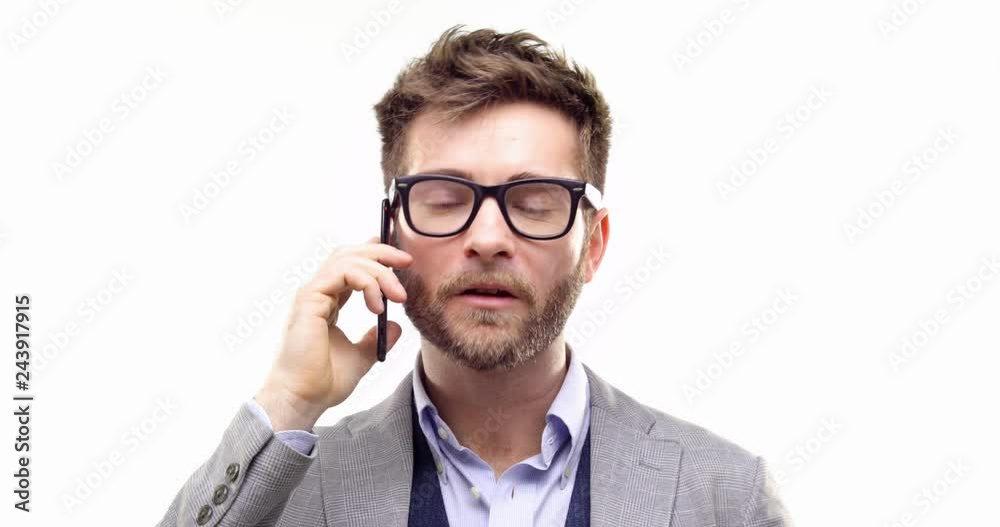 Professional business blonde adult man wearing eyeglasses and using smartphone.Person action.People video portrait isolated on white background.Medium shot.4k video Professional business blonde adult man wearing eyeglasses and using smartphone.Person action.People video portrait isolated on white background.Medium shot.4k video