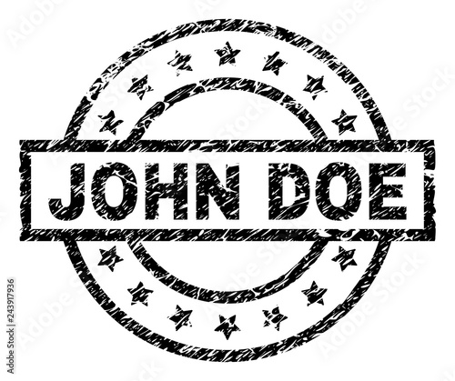 JOHN DOE stamp seal watermark with distress style. Designed with rectangle, circles and stars. Black vector rubber print of JOHN DOE title with scratched texture.
