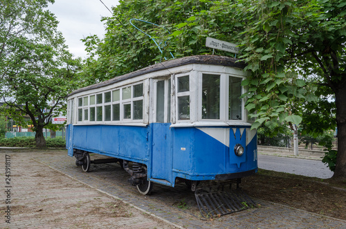 Old tram. One of the first. retro transport. Electric transport. The car of the former electric tram, which once existed in Vinnitsa (Ukraine, Eastern Europe). Monument tram.