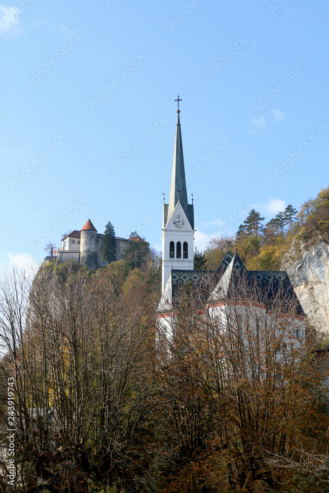 St. Martin's Parish Church and Bled Castle on Lake Bled, Slovenia. Lake Bled is popular travel destination in Slovenia.