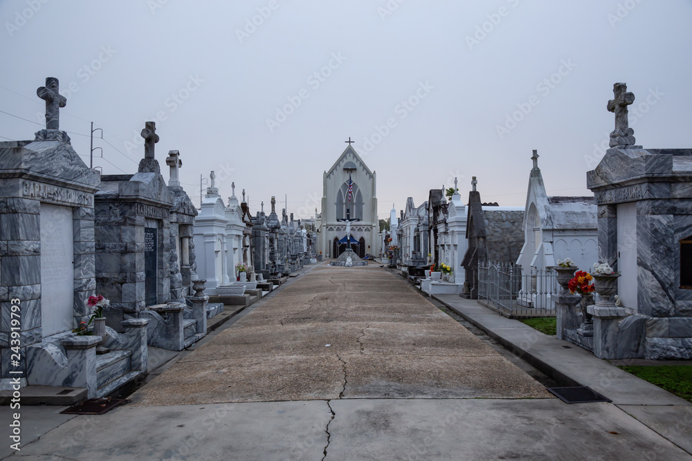 Naklejka premium New Orleans, Louisiana, United States - November 7, 2018: Saint Roch's Cemetery during foggy morning.