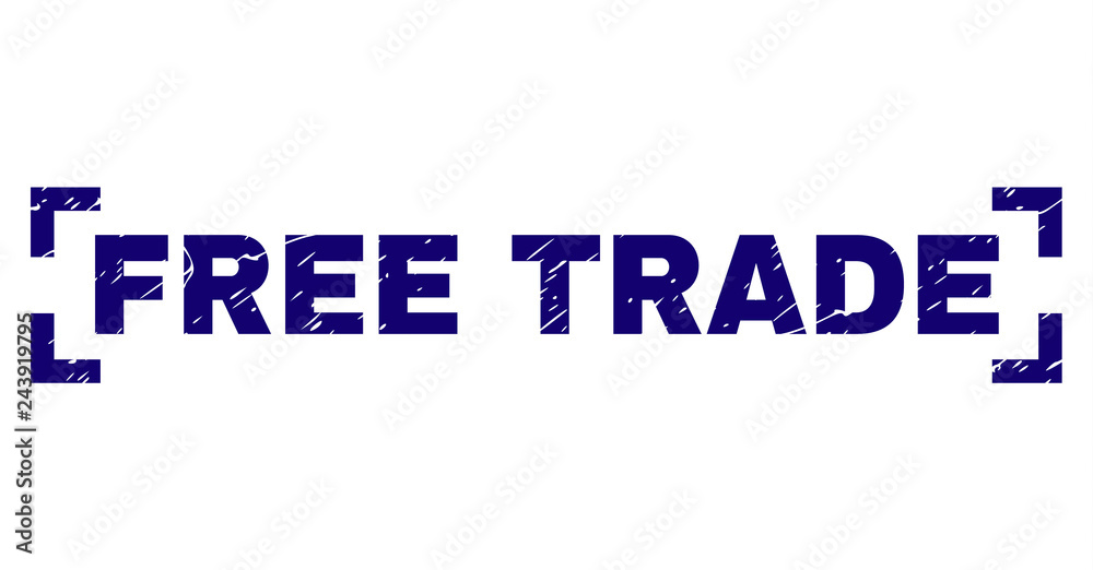 FREE TRADE caption seal imprint with grunge texture. Text caption is placed inside corners. Blue vector rubber print of FREE TRADE with grunge texture.