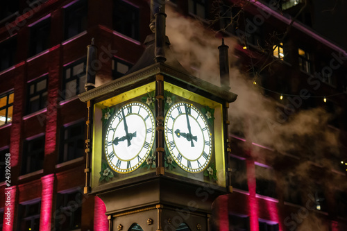 Steam Clock during a dark winter night in Gastown, Downtown Vancouver, BC, Canada.