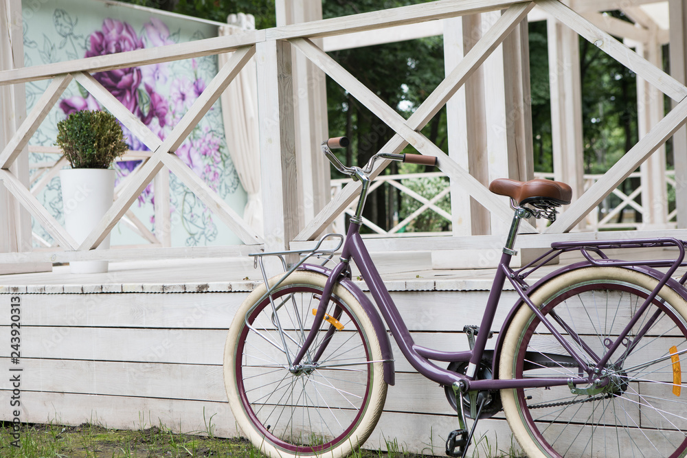 Purple old bicycle near the white wooden house on a green greass in summer Purple old bicycle near the white wooden house on a green greass in summer