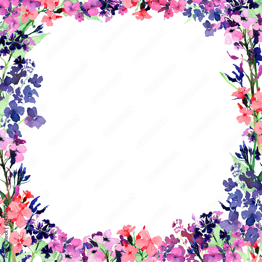 Hand drawn watercolor square frame with meadow small pink, blue and violet flowers on white background. Design for cards, invitations, flyers.