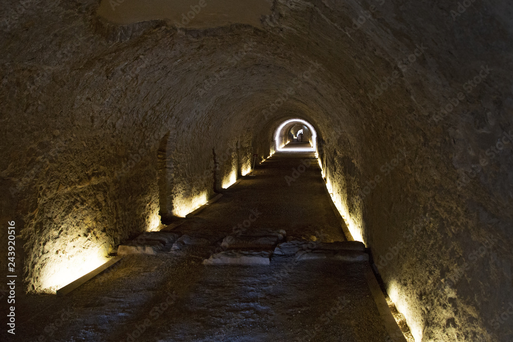 Ancient tunnel under Roman Circus in Tarragona, Catalonia, Spain