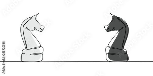 The chess knight black and white colors on the champion. Continuous line drawing isolated on white background. Vector illustration.