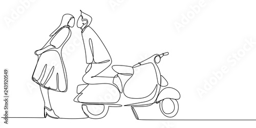 Continuous line drawing of a couple kiss with retro scooter motor bike. Vintage creative minimalist concept of romance.