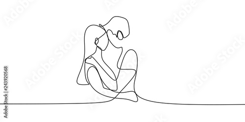 Single one line drawing of couple in kissing moment. Man kiss a girl vector illustration. photo