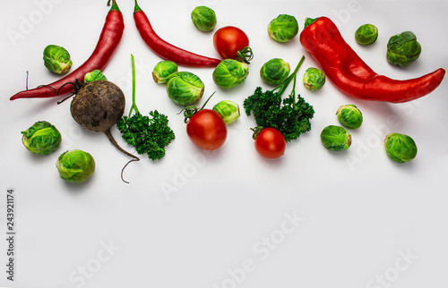 Power concept on white background. Food with vegetables with fruits, vegetables, cereals, whole grain pasta, cereals, legumes and herbs. Foods high in anthocyanins, antioxidants, smart carbohydrates a