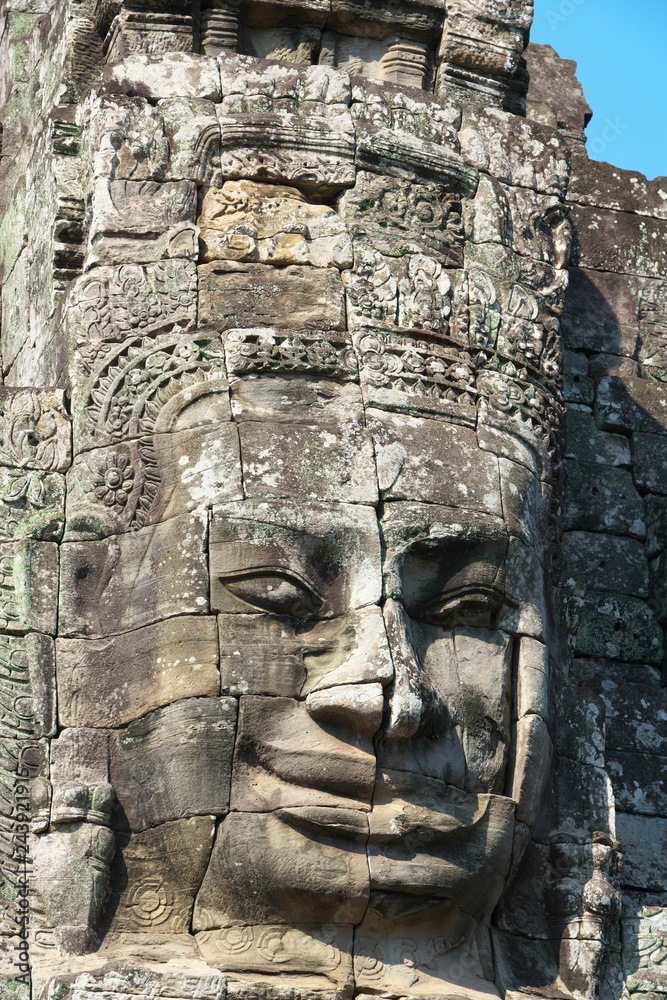 Siem Reap,Cambodia-Januay 11, 2019: Closeup of Bodhisattva face of Bayon, Angkor Thom, Siem Reap
