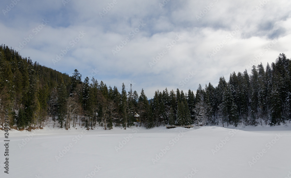winter landscape, frozen Synevyr lake, Carpathian mountains in winter