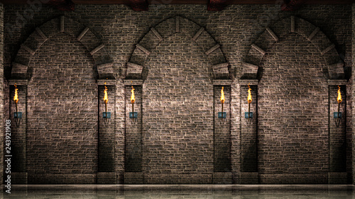 Fototapeta Naklejka Na Ścianę i Meble -  Stone wall with arches and torches
