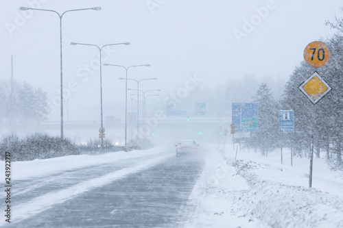Very difficult winter ride on highway in Finland. Snow rains and visibility is very poor.