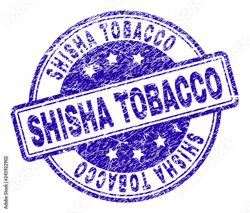 SHISHA TOBACCO stamp seal watermark with grunge texture. Designed with rounded rectangles and circles. Blue vector rubber print of SHISHA TOBACCO title with corroded texture.