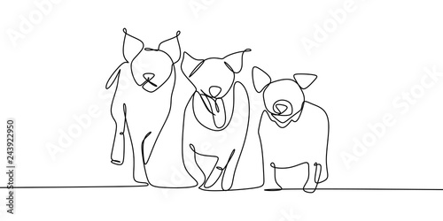 Continuous line drawing of three dogs simple minimalism style vector illustration.
