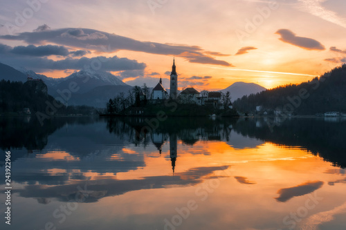 Sunrise on lake Bled in Slovenia