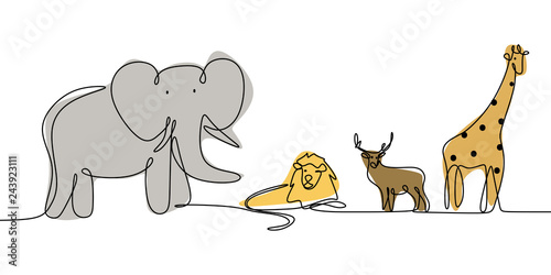 one line line drawing of animals vector illustration with elephant, lion, giraffe, and deer.