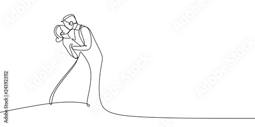 Elegant couple wearing dress kissing very attractive. One line drawing vector illustration.