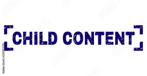 CHILD CONTENT text seal print with distress texture. Text title is placed between corners. Blue vector rubber print of CHILD CONTENT with unclean texture.