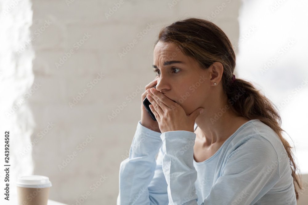 Scared shocked woman talking on phone, receiving bad news, having bad unpleasant conversation with friend or client, solving problem, sad disappointed businesswoman using smartphone Scared shocked woman talking on phone, receiving bad news, having bad unpleasant conversation with friend or client, solving problem, sad disappointed businesswoman using smartphone