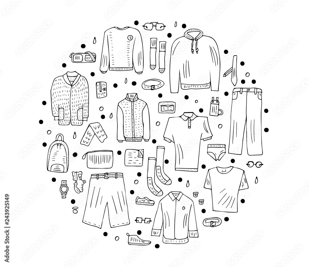 Men clothes and accessories set in doodle style. Men clothes and accessories set in doodle style.