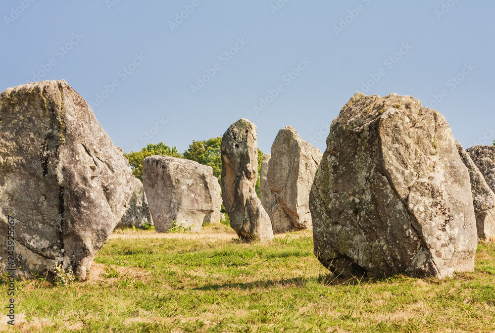 Beautiful view of the standing stones alignments, menhirs, in Carnac, Brittany, France. Megalithic landmark