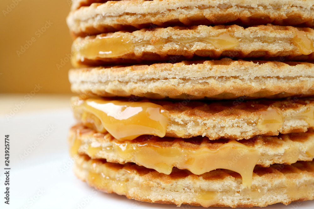 Closed Up Stack of Mouthwatering Stroopwafel or Caramel Filled Traditional Dutch Waffle 