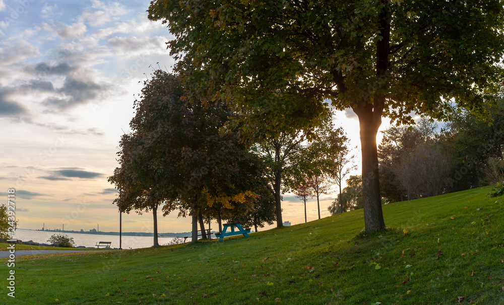 Toronto, CANADA - October 25, 2018: Promenade park, and Marina at sunset, Toronto, Canada Toronto, CANADA - October 25, 2018: Promenade park, and Marina at sunset, Toronto, Canada